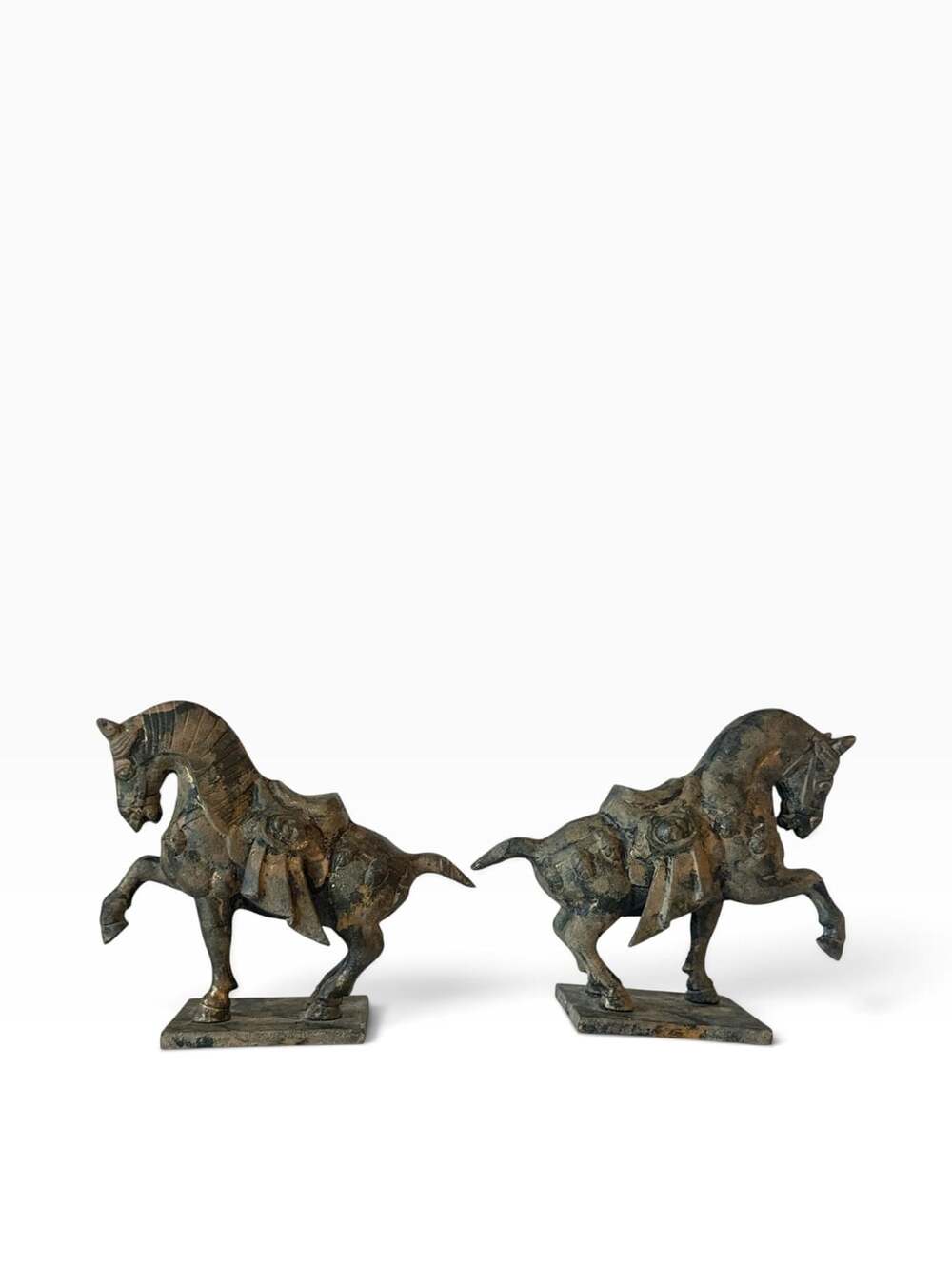 Vintage Cast Iron Chinese Tang Dynasty Style Horse Sculptures Statues Pair